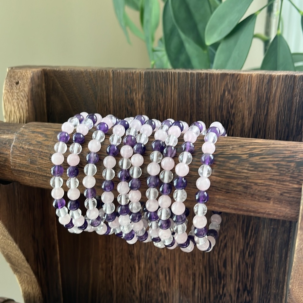 Amethyst Rose Quartz Crystal Quartz Bracelet (One) 6mm